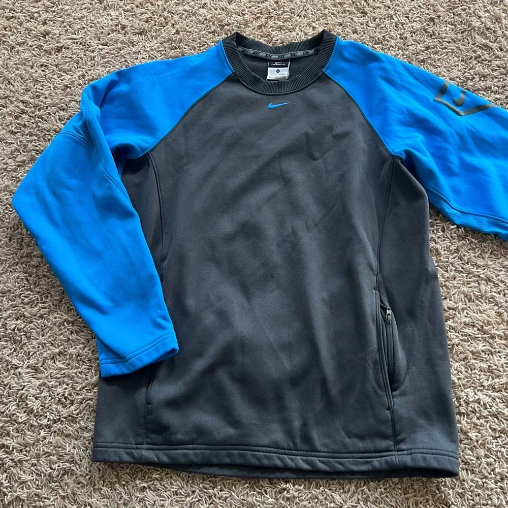 Nike Therma-FIT Crewneck Sweatshirt Grey Blue Raglan Training Pullover Small